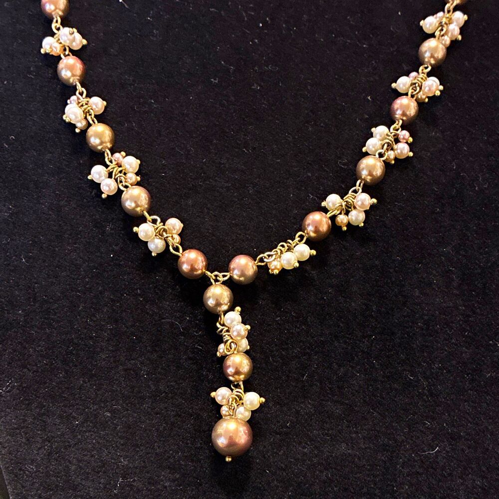 Gold Tone Pearl Beaded Y-Drop Link Chain Necklace vintage costume faux pearl